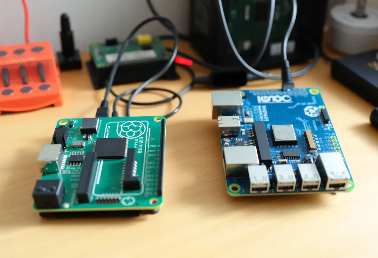 Close-up of an embedded systems project with ESP32 microcontroller connected to sensors and LED indicators on a breadboard