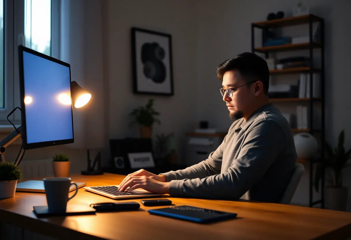 Developer in home office surrounded by code on multiple screens, looking thoughtful and slightly anxious, remote work setting