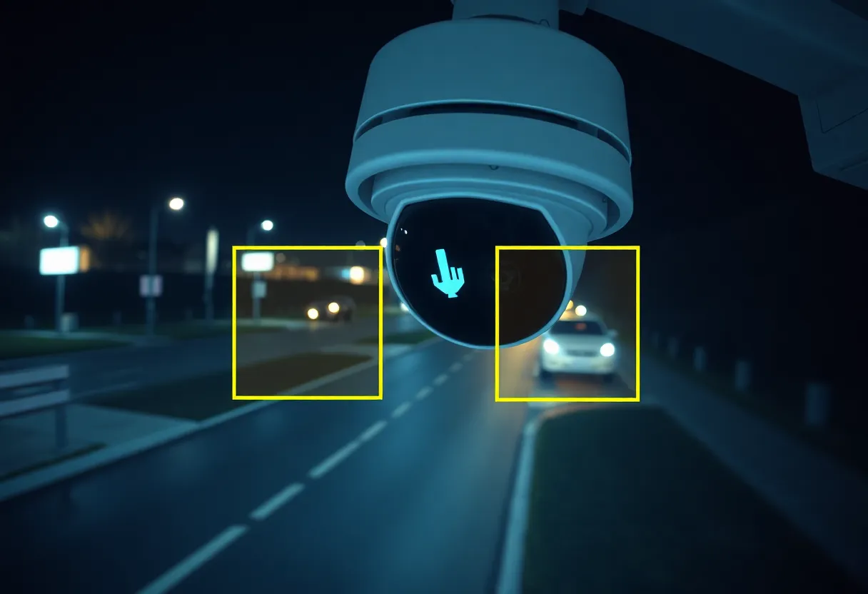Home security camera mounted on exterior wall at night with motion detection light activated, suburban house setting