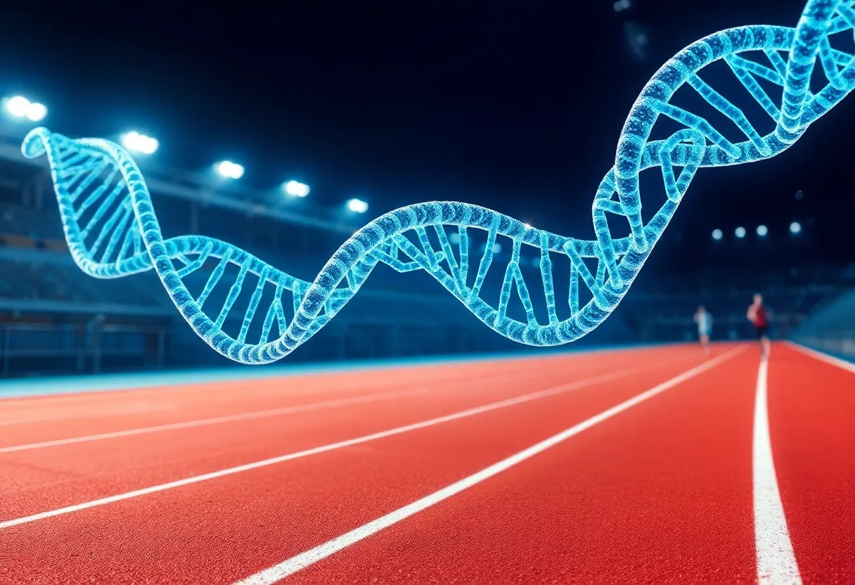 Laboratory scientist examining DNA test results with sports performance data charts on screens in background