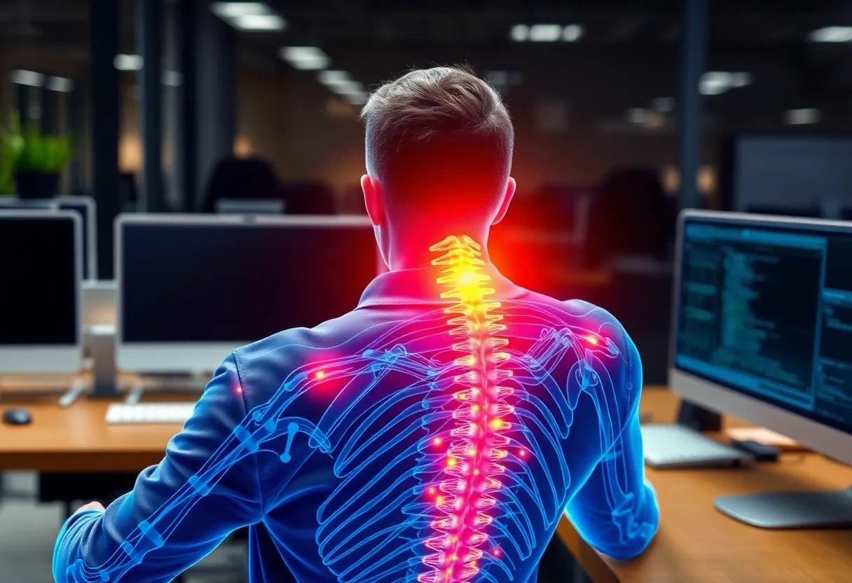 Person stretching and doing a brief walking break from their office desk, movement break concept, bright office setting