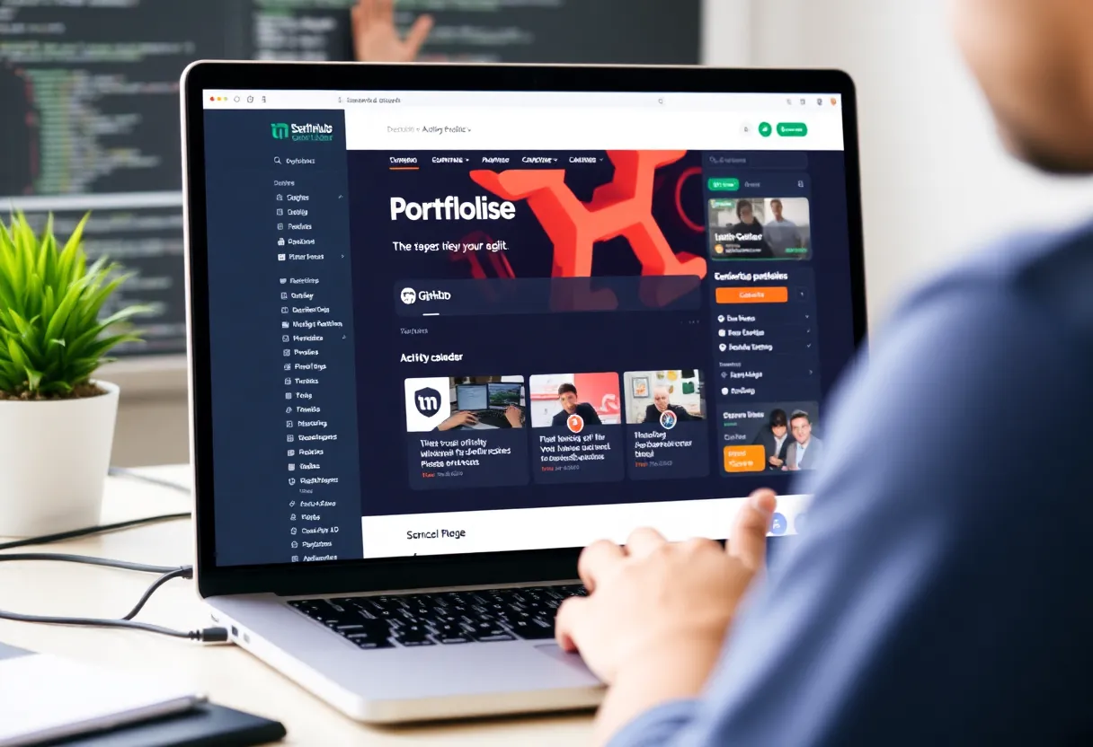 Tech recruiter reviewing developer GitHub profile and portfolio on dual monitors, modern office hiring process