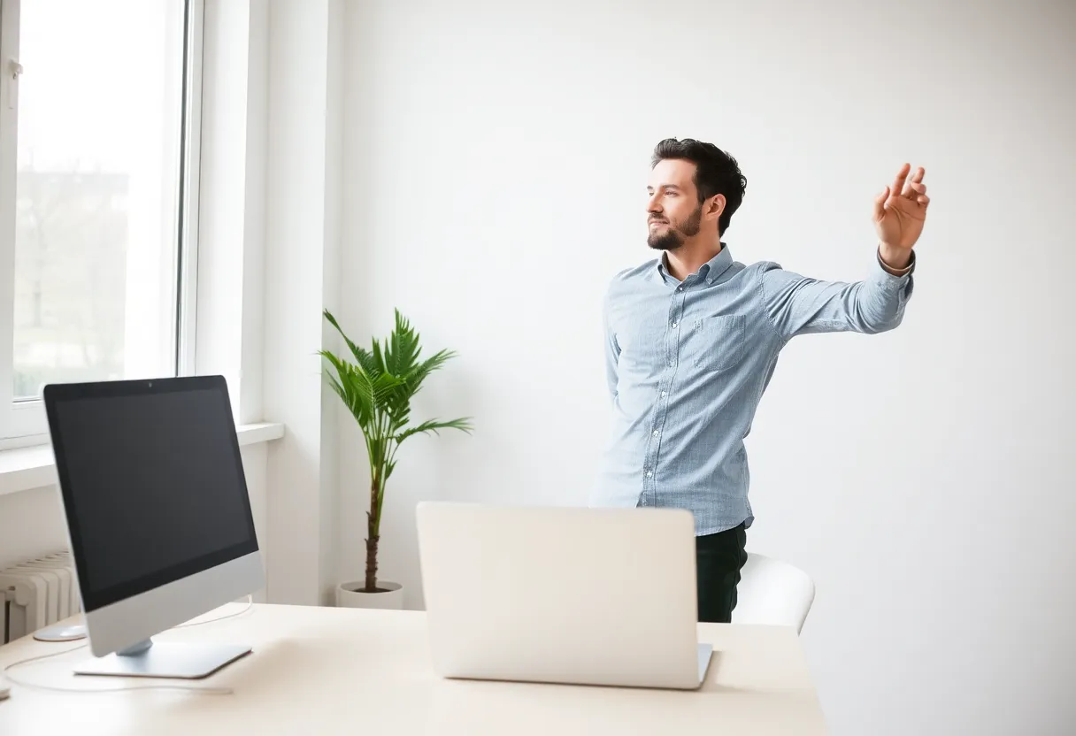 Person practising mindful breathing exercise at their desk during a short work break, eyes closed, peaceful office environment