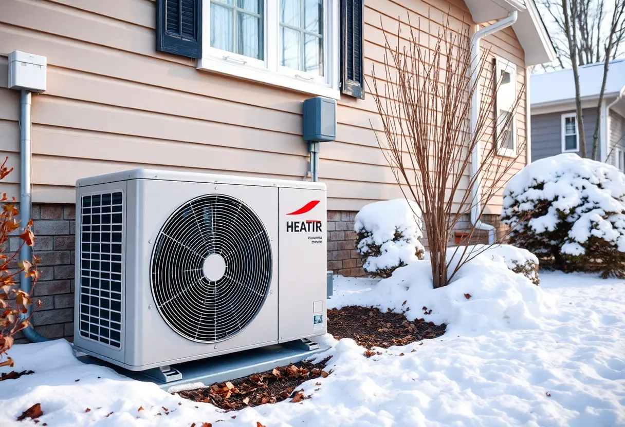Indoor heat pump air handler unit installed in a modern home, smart thermostat visible on wall, clean interior HVAC installation