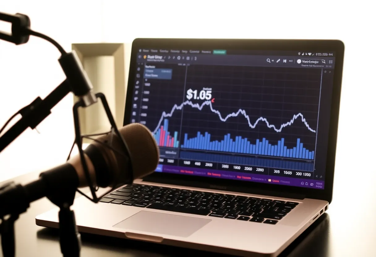 Independent podcast creator recording from a home studio setup, looking at declining analytics on laptop, small creator economics