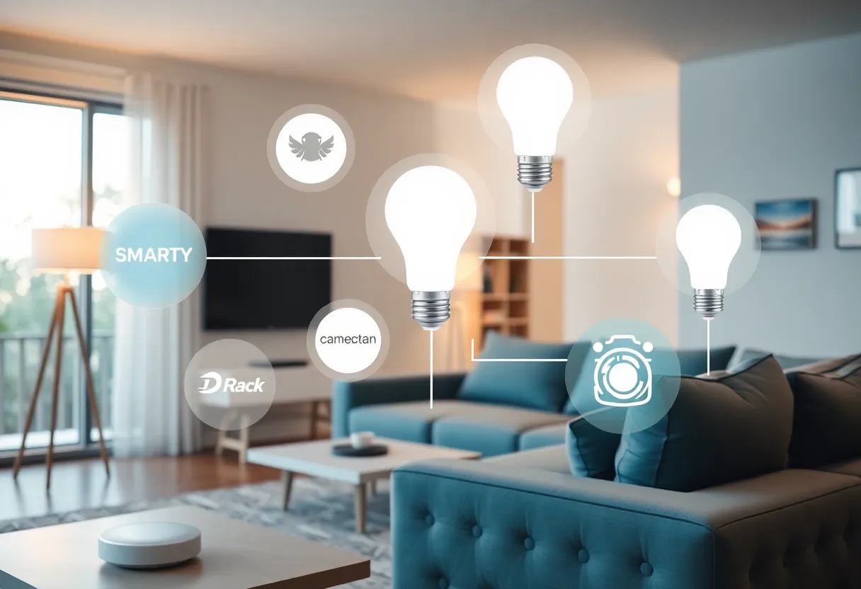 Smart home control panel showing device management interface with various connected devices from different brands, modern home automation