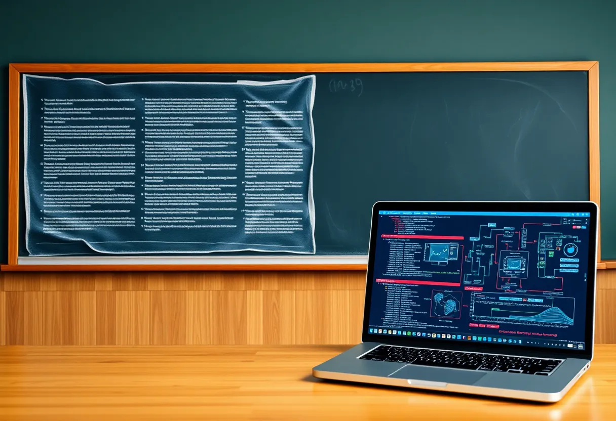 New graduate software engineer at their first job looking overwhelmed by real-world codebase on multiple monitors, gap between education and industry