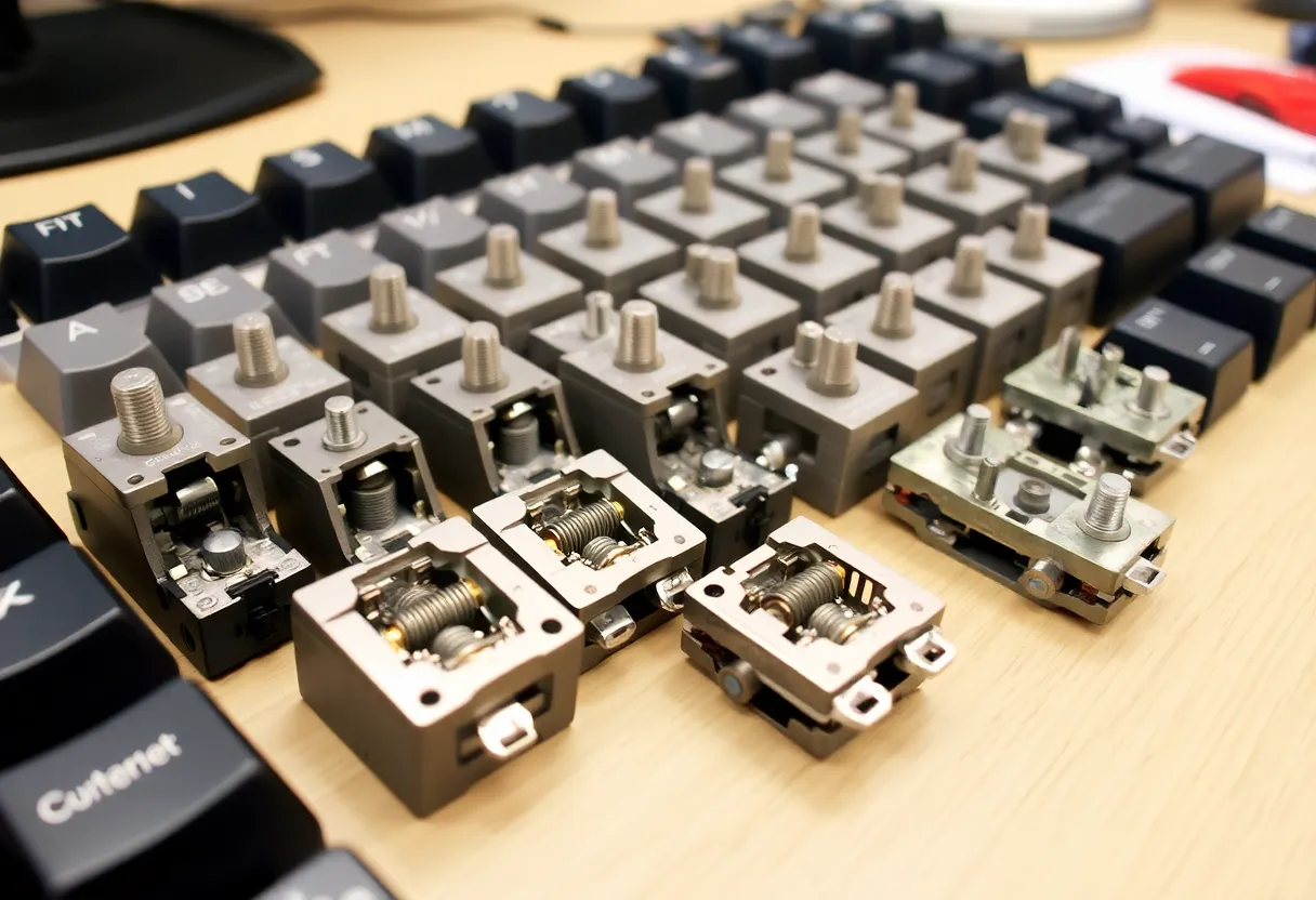 Mechanical keyboard enthusiast testing different switches at desk, switch tester board with multiple switch types, keycap collection visible