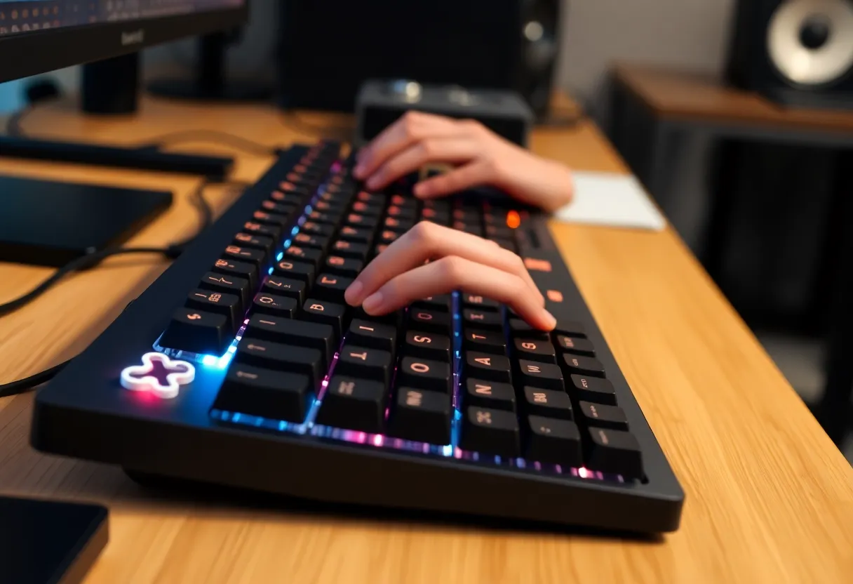 Ergonomics researcher studying typing posture and keyboard angles with measuring equipment in laboratory