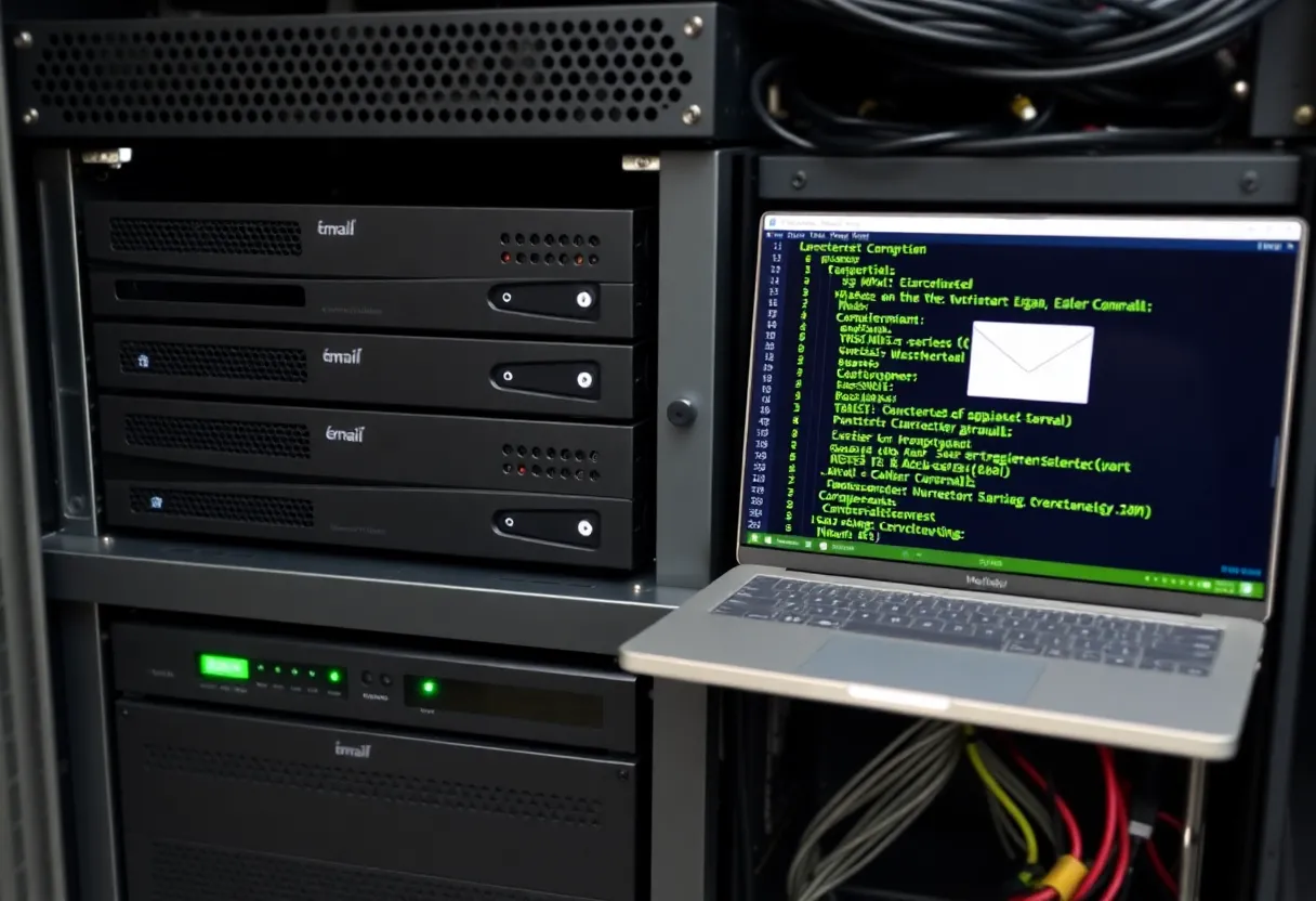System administrator configuring email server settings through terminal and web interface, server monitoring dashboard visible