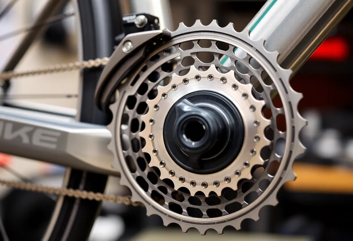 Cyclist on a road bike mid-shift, derailleur visible in action, modern carbon fiber frame and groupset, cycling motion blur