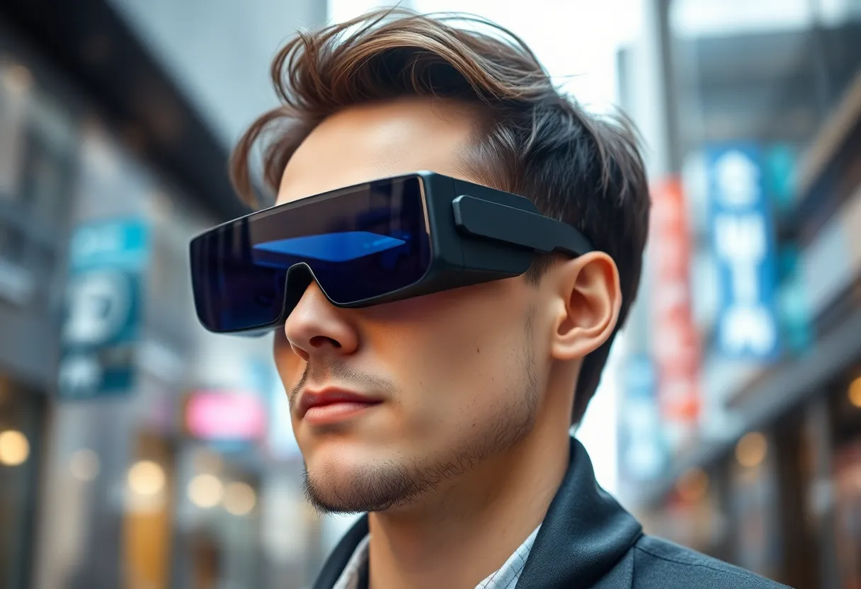 Industrial worker using smart glasses with AR overlay to guide assembly process in manufacturing facility