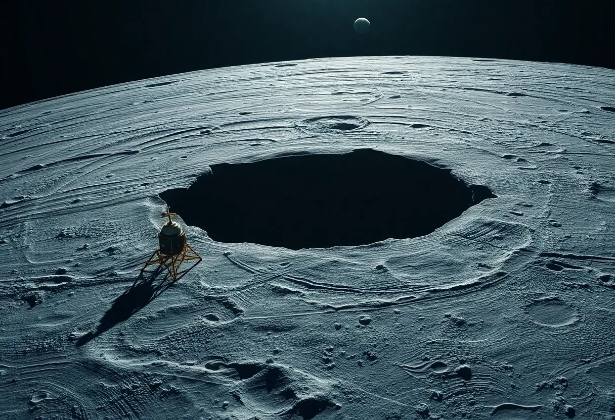 Lunar lander approaching the Moon's south pole region with rocky terrain in the foreground