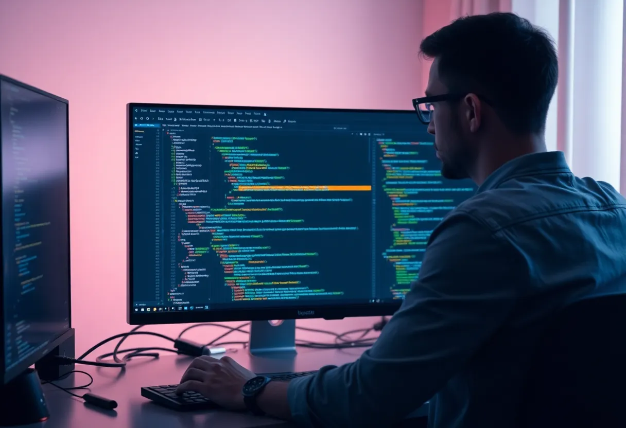Close-up of developer hands on keyboard with code on screen, reflecting focused programming work with AI tools visible in sidebar