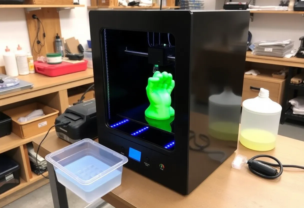 3D printed resin miniature figurines with fine surface detail next to FDM mechanical parts, showing different applications for each technology