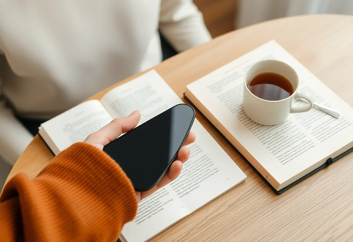 Person successfully establishing a phone-free morning routine with journal and coffee, sustainable digital minimalism habit