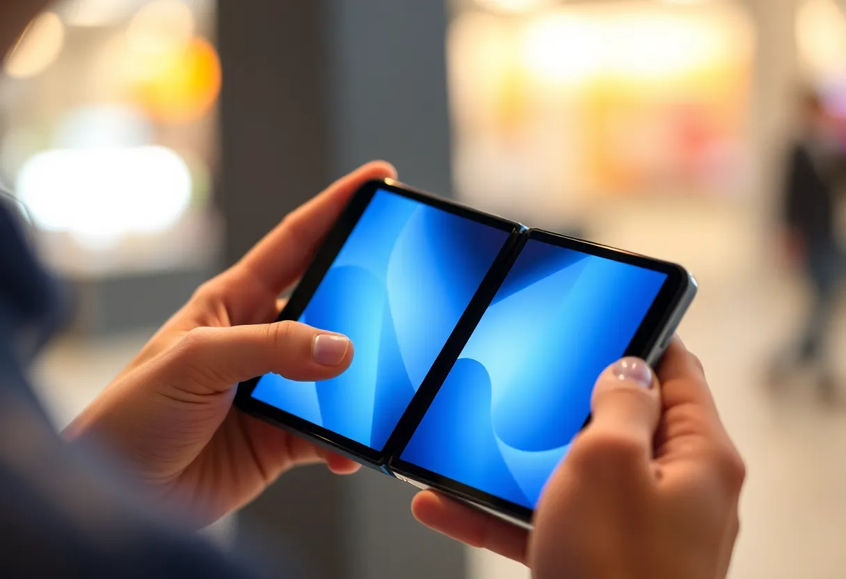 Compact flip foldable phone folded showing the cover display and unique compact design, fashion technology product