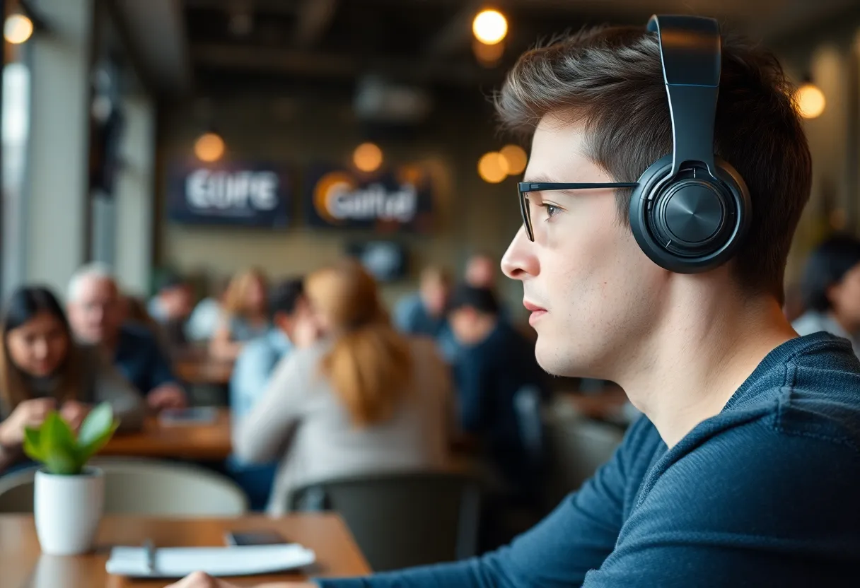 Premium over-ear headphones with noise-canceling technology displayed on wooden desk, product photography showing build quality
