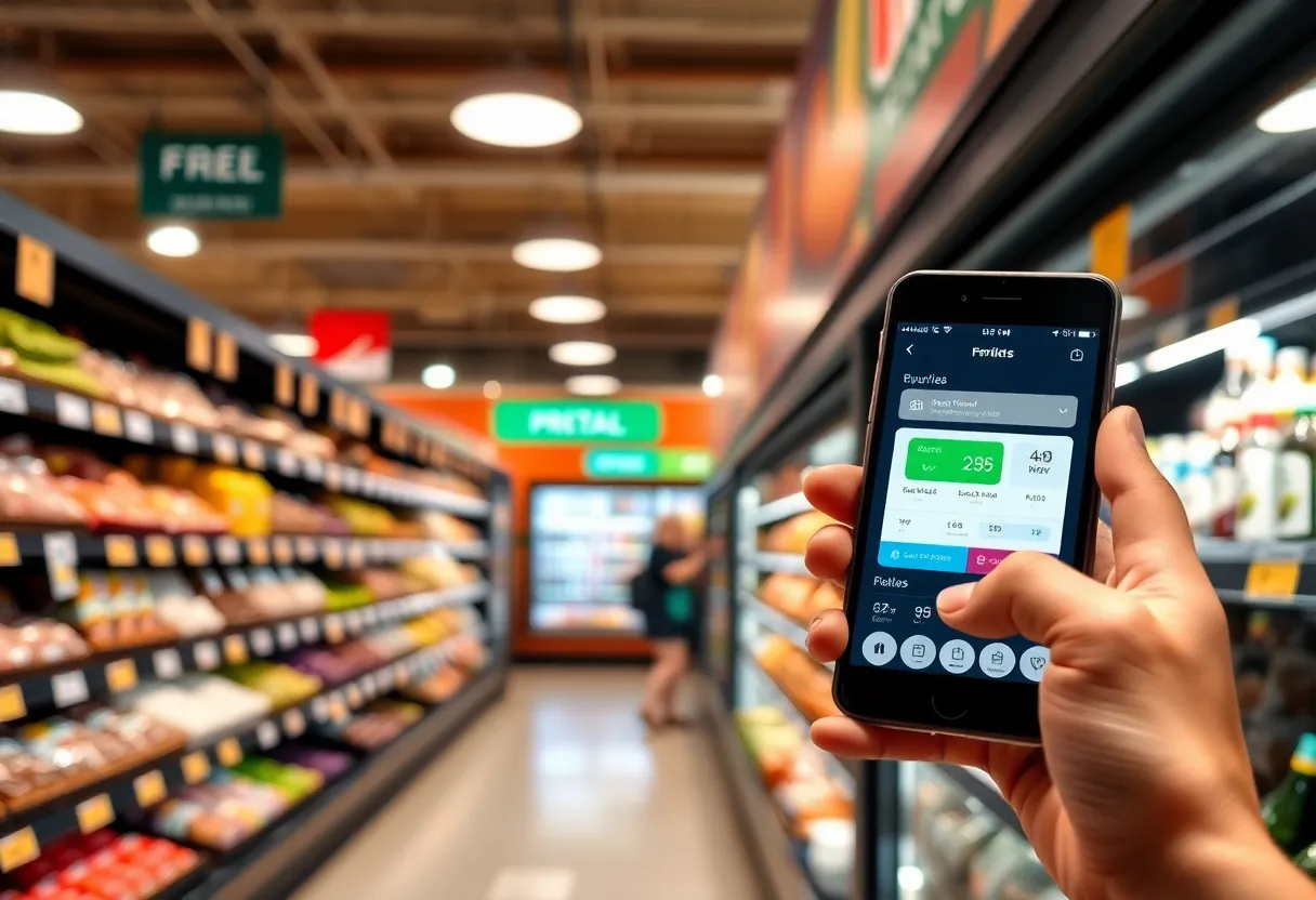 Grocery store shelf with electronic price tags showing dynamic pricing, customer using loyalty app to see personalized deals
