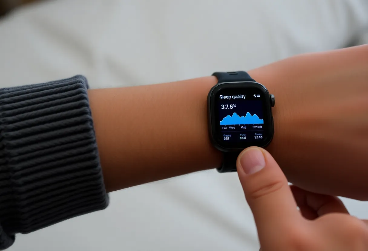 Doctor reviewing sleep study results with patient showing sleep apnea and insufficient sleep patterns on diagnostic report