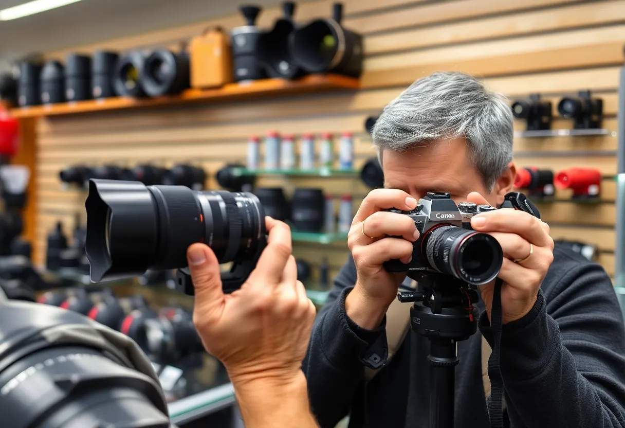 Camera gear laid out for rental review including mirrorless body and selection of prime and zoom lenses with accessories