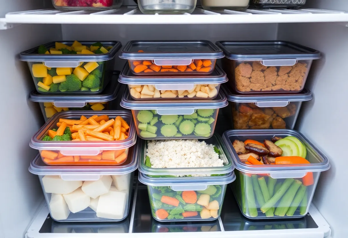 Organized meal prep station with batch-cooked protein, grains, and vegetables ready to assemble into multiple different weeknight dinners