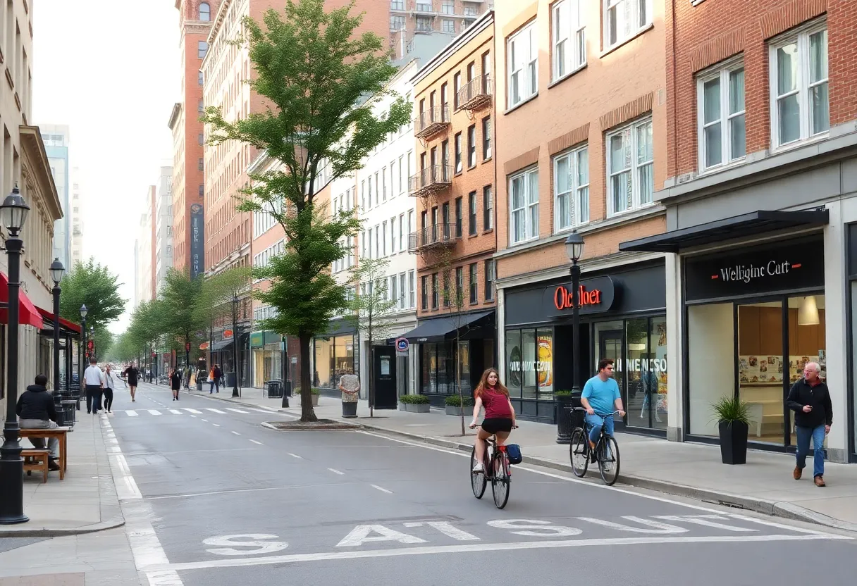 Before and after street transformation showing parking lane converted to protected bike lane and wider sidewalk, urban street redesign
