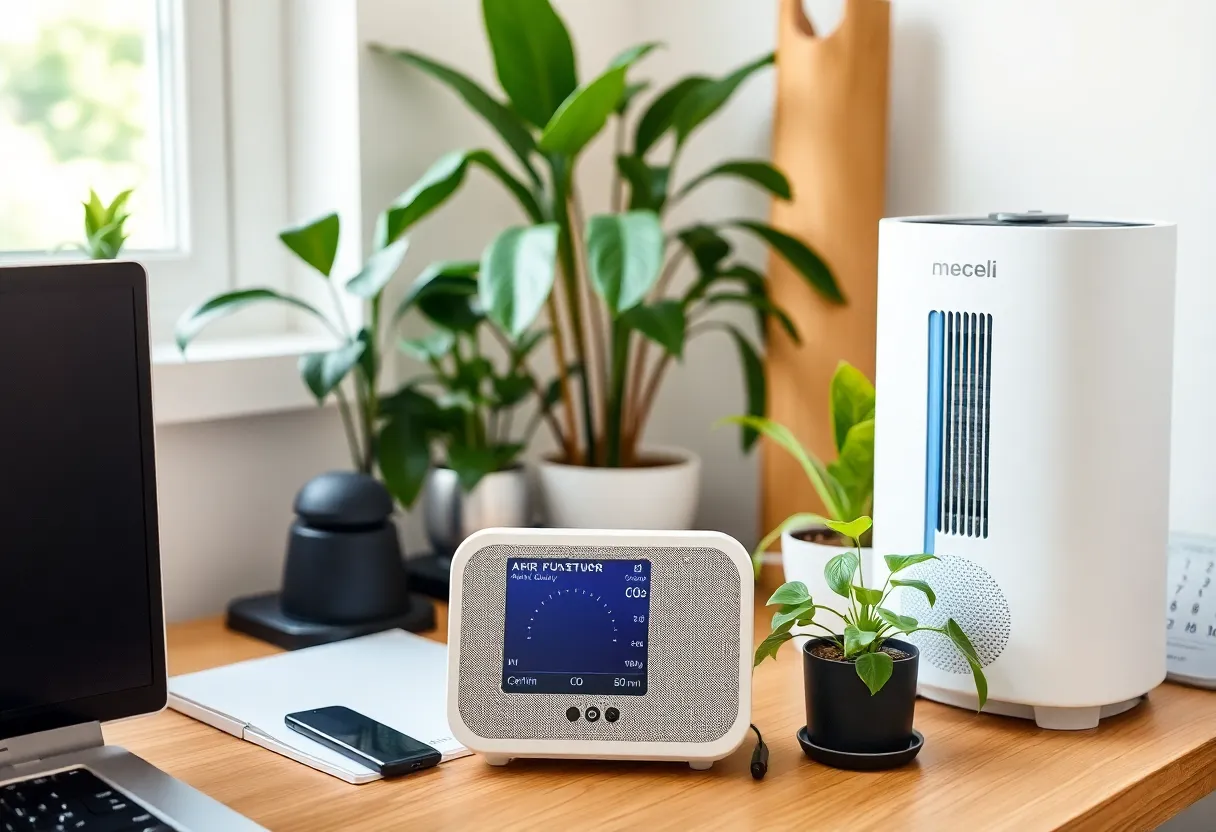 HEPA air purifier operating in home office filtering PM2.5 particles and VOCs for improved indoor air quality