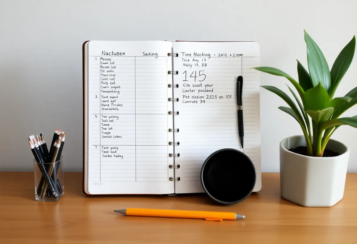 Minimalist daily task list with three priorities and loose time blocks showing sustainable productivity approach