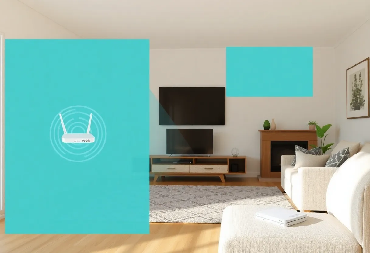 Mesh Wi-Fi system with multiple nodes placed throughout house showing whole-home coverage on mobile app