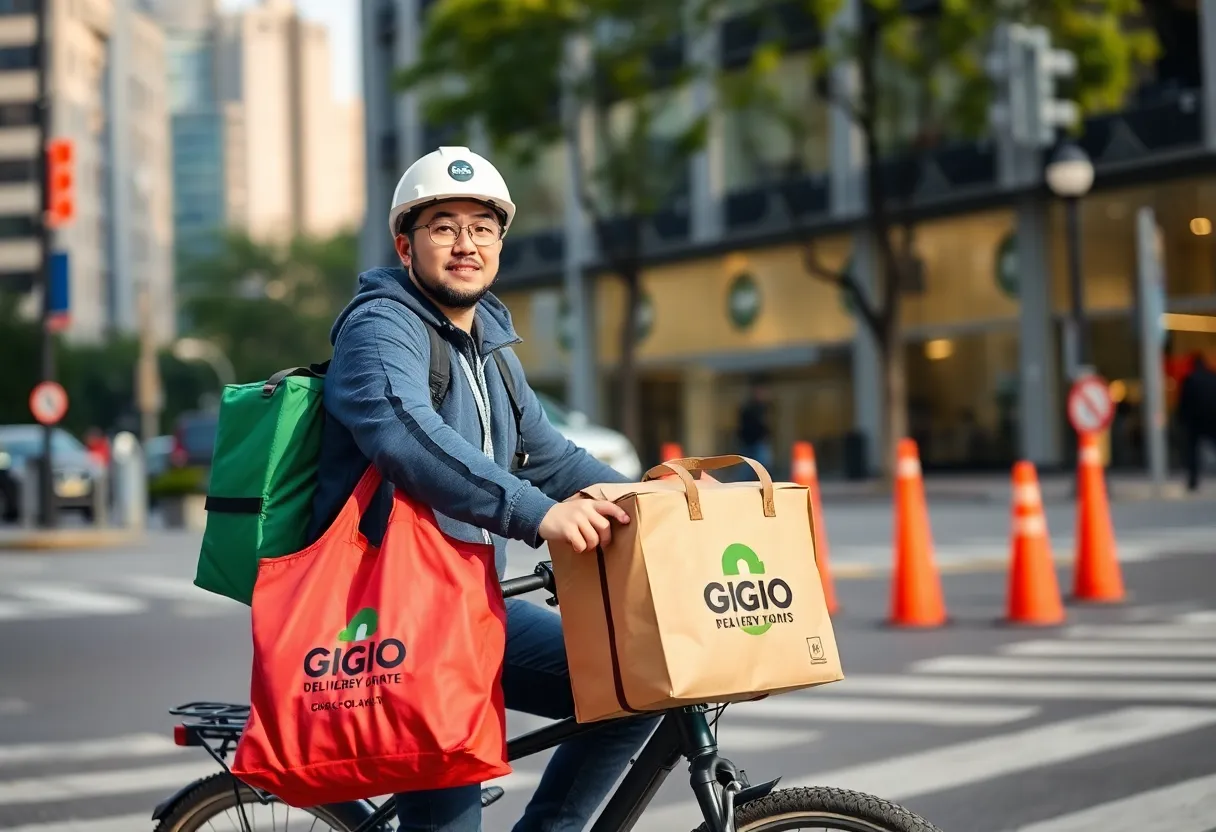 Autonomous delivery robot alongside human gig worker showing transition of last mile logistics from human to automated