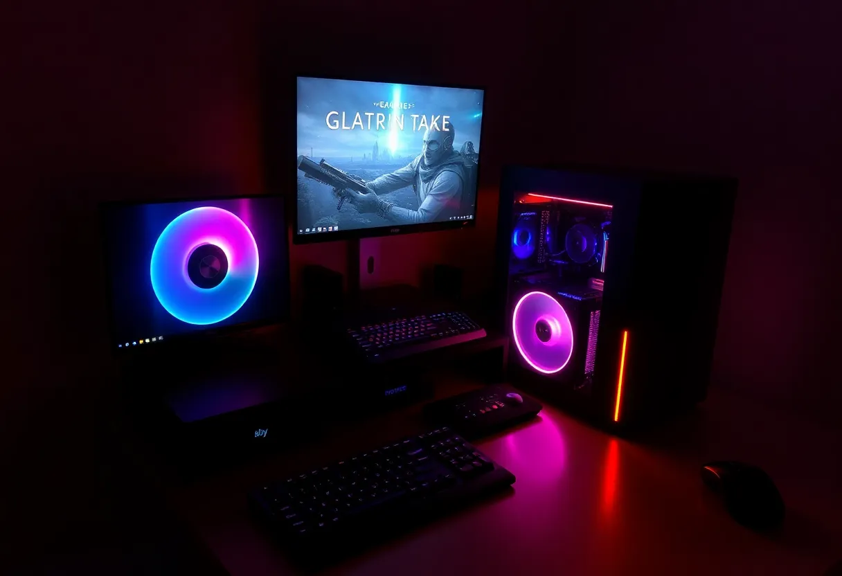 First-person view of an action game running on a 1080p monitor with performance overlay showing frame rates on a budget gaming setup