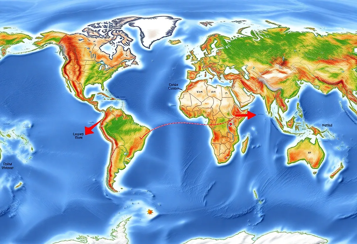 World map showing major tectonic plate boundaries with divergent, convergent and transform fault zones labeled