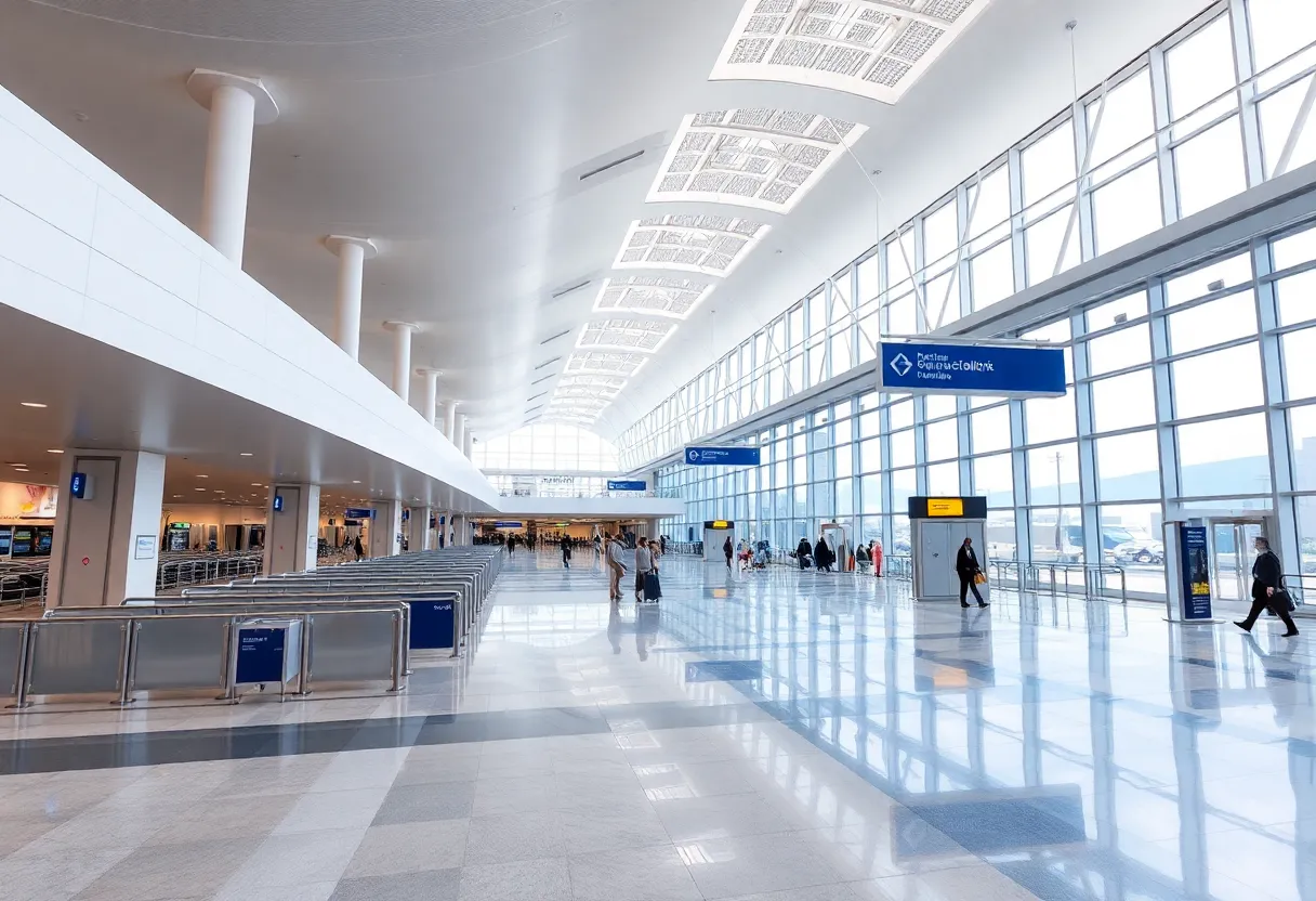 Airport departure board and waiting area showing passenger flow and gate information systems