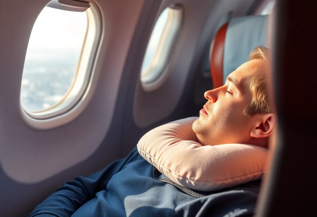 Person doing seated stretches and leg exercises in economy airplane seat to improve circulation during long flight