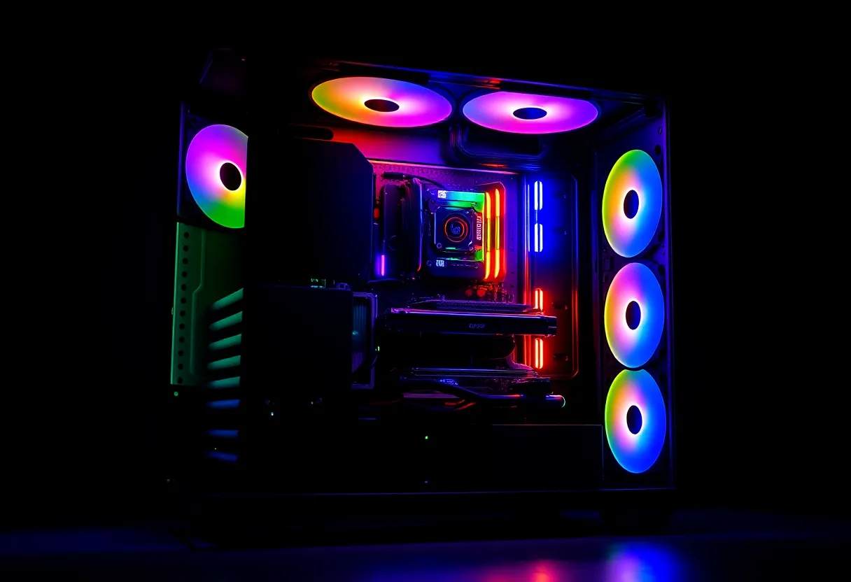 PC builder adjusting CPU cooler mounting on a high-end gaming motherboard, careful hands, detailed component shot