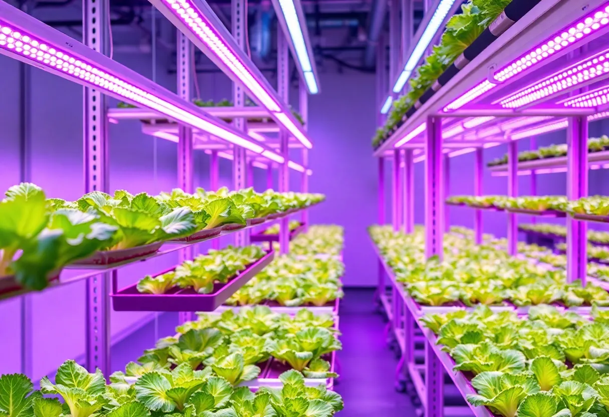 Aerial overview of a large vertical farming warehouse facility next to a traditional field farm, showing scale contrast