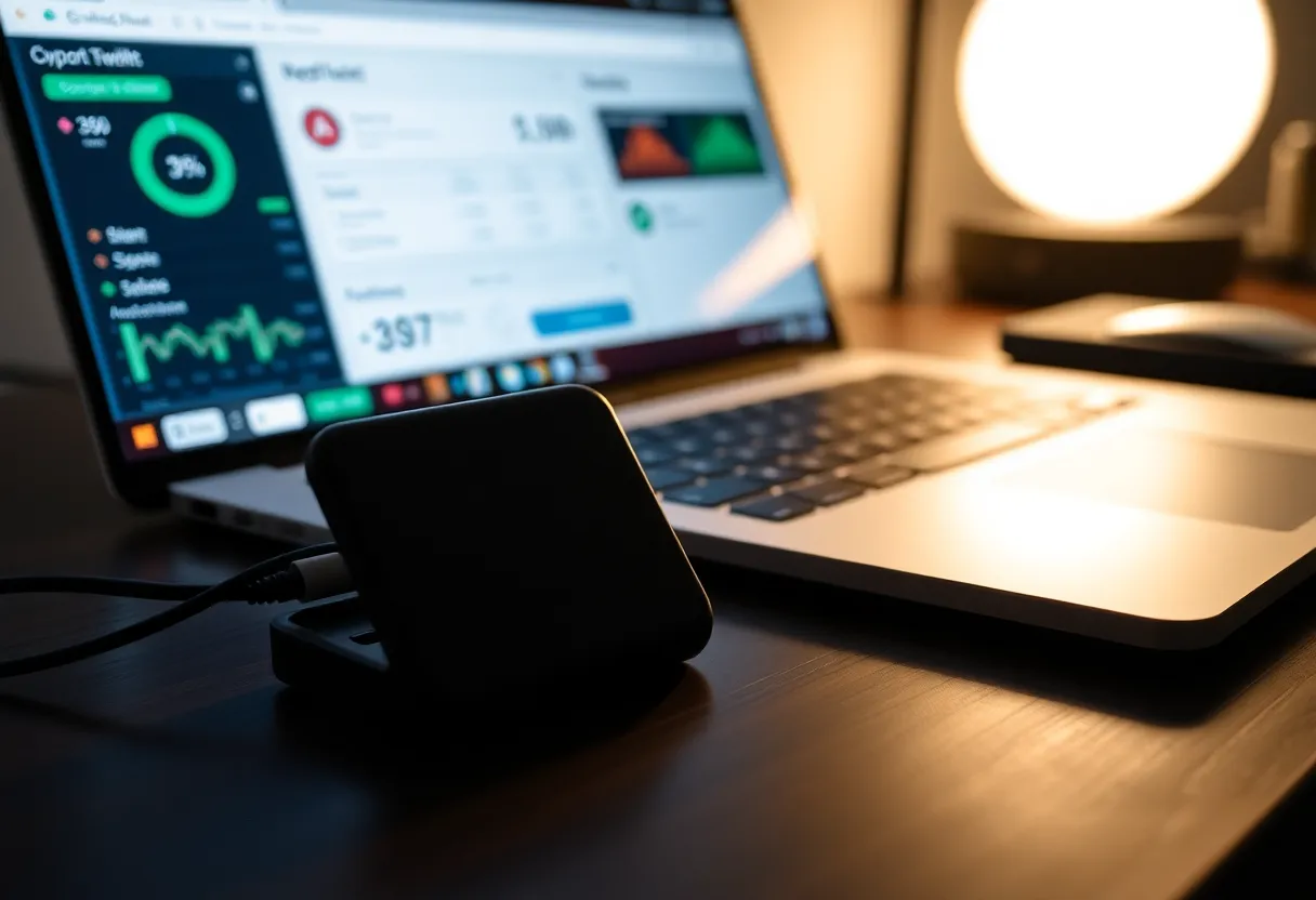 Person holding a hardware wallet device with a secure mobile setup visible in the background