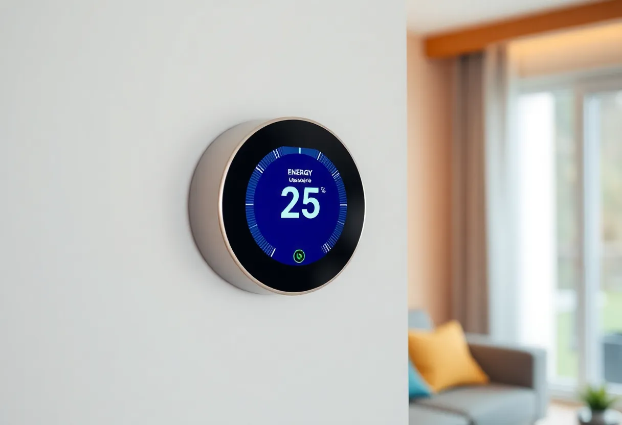 Person adjusting smart thermostat settings on phone app while reviewing monthly energy usage report