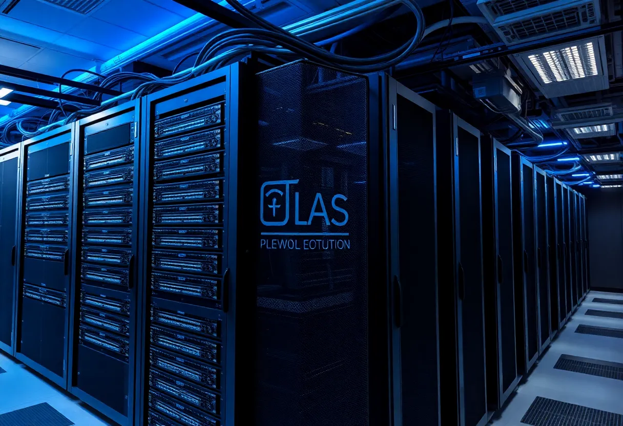 Fiber optic cables lit up in a network rack at an internet exchange facility, bright illuminated strands of fiber