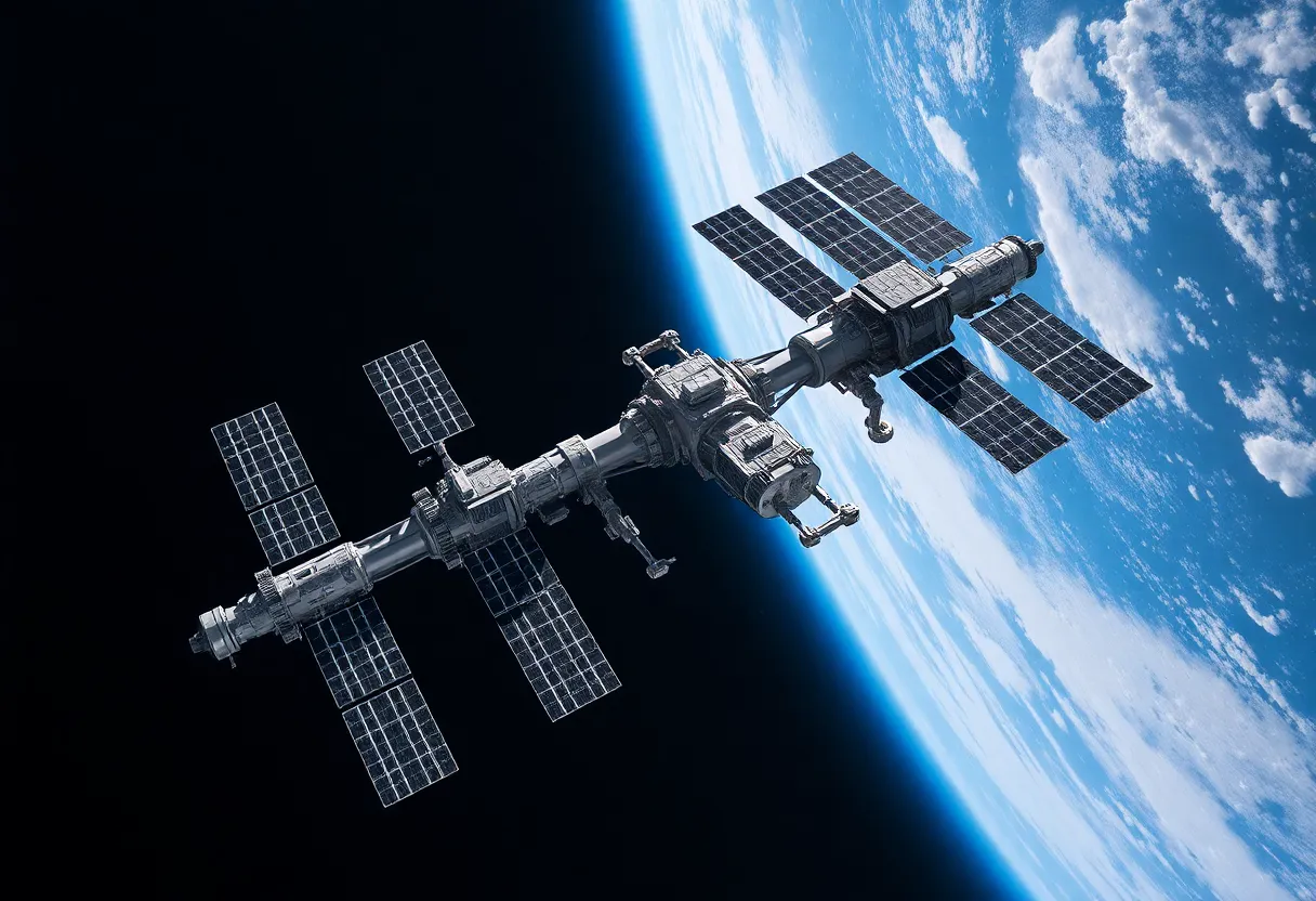 Mission control center with engineers monitoring space station telemetry data on multiple screens, commercial space operations
