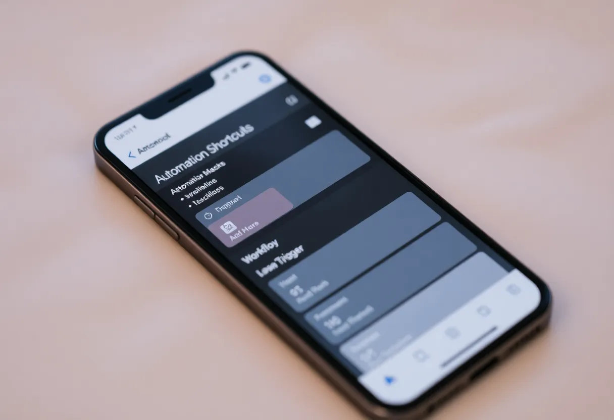 Overhead view of a desk with iPhone running an automation shortcut that controls smart home lights and reads calendar events