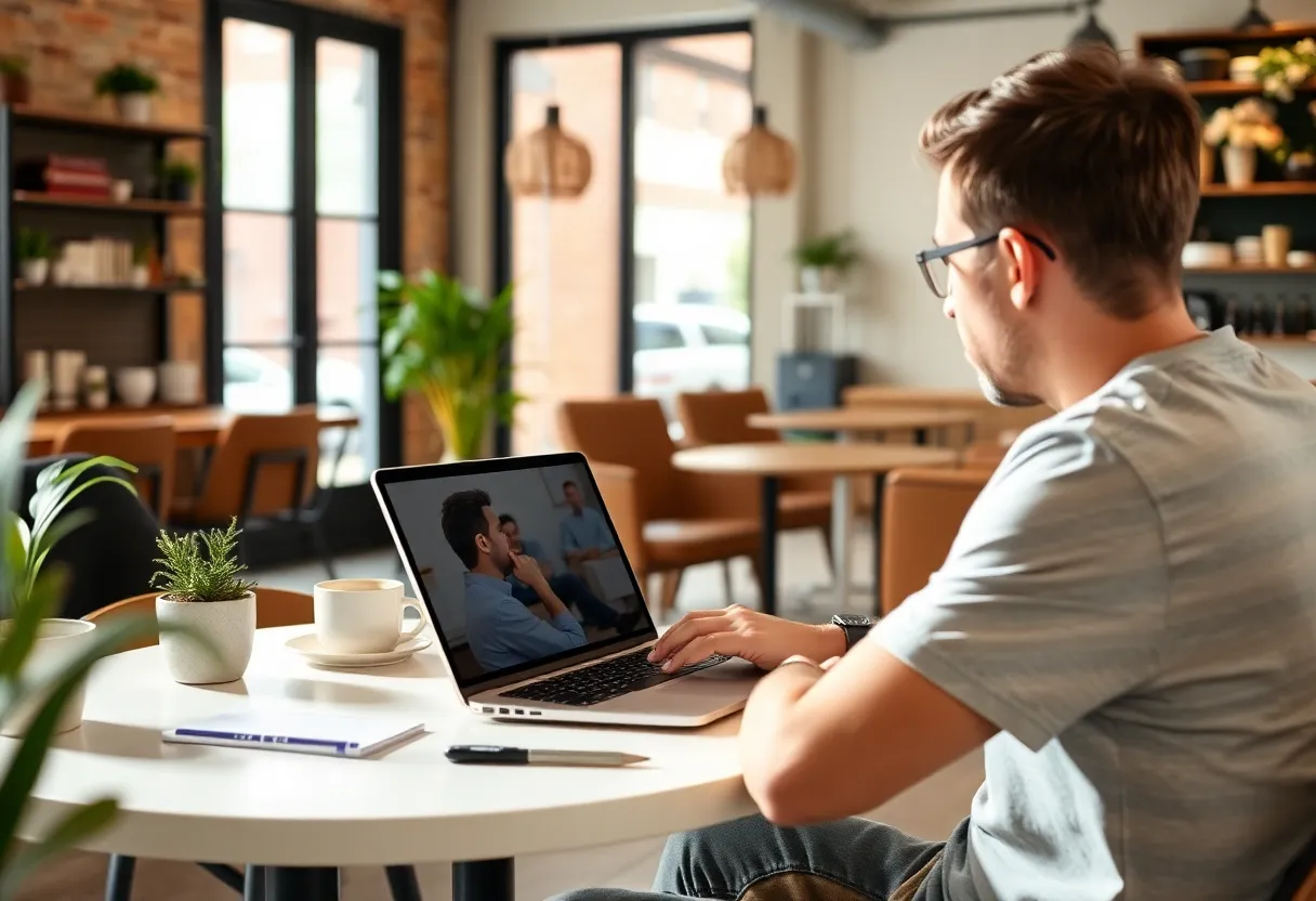 Freelancer reviewing a client project roadmap for AI integration on a laptop with notes on desk