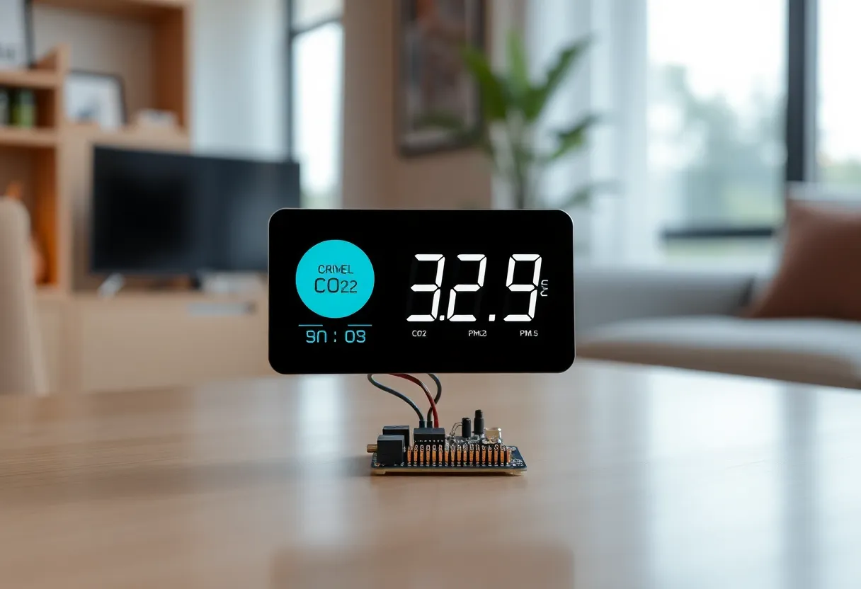 Maker soldering ESP32 microcontroller and sensor components on workbench for DIY air quality monitor
