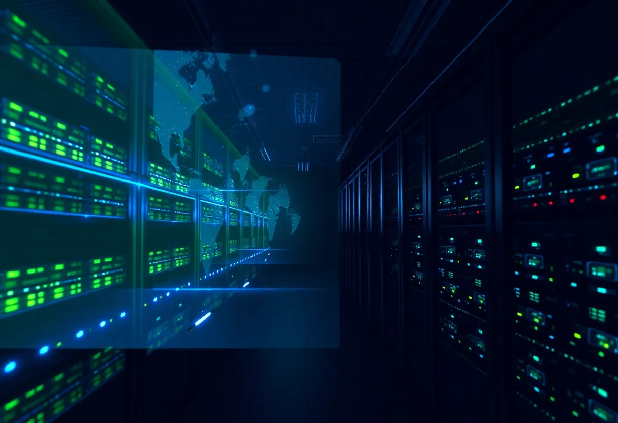 Abstract visualization of containerized microservices communicating over a network mesh, glowing connection lines on dark background
