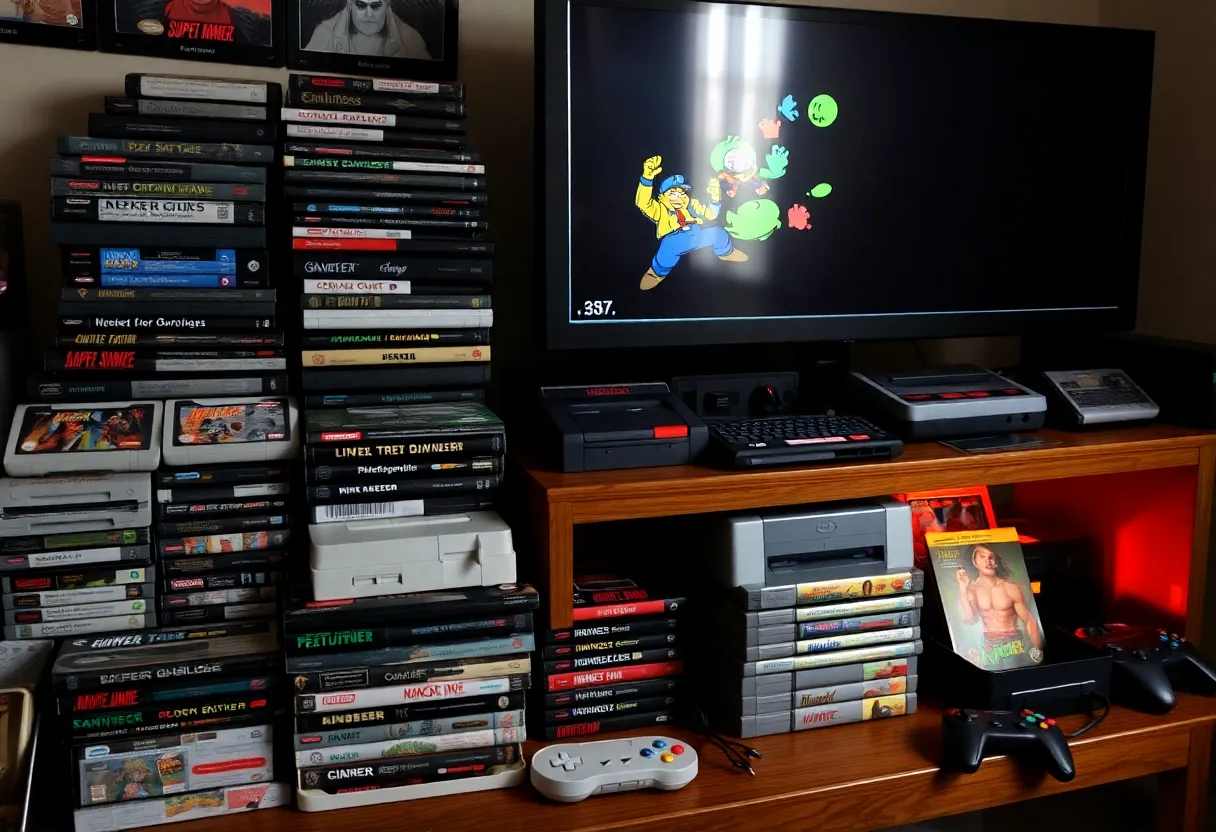 Game preservation archivist at a workstation surrounded by gaming hardware from different eras, cataloguing and digitizing game media