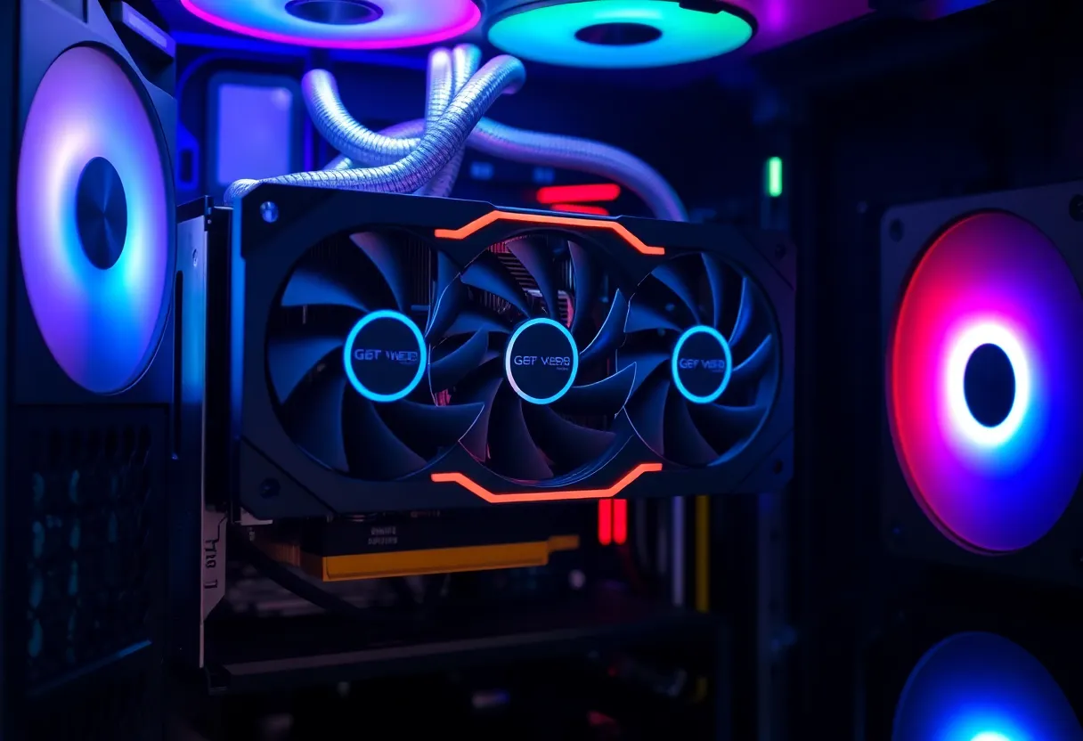 GPU water block installed with custom loop tubes in a high-end gaming PC build, transparent coolant lines and pump visible