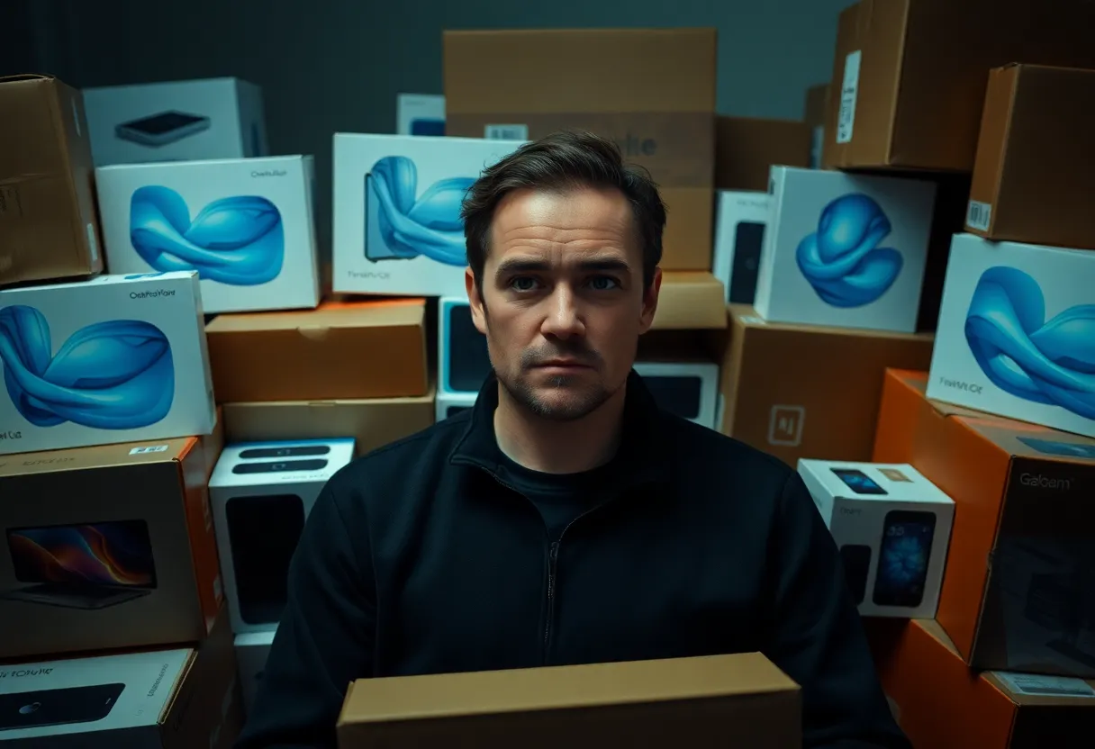 Person thoughtfully looking at an older model smartphone in hand with new device packaging on the desk, deliberate tech upgrade decision