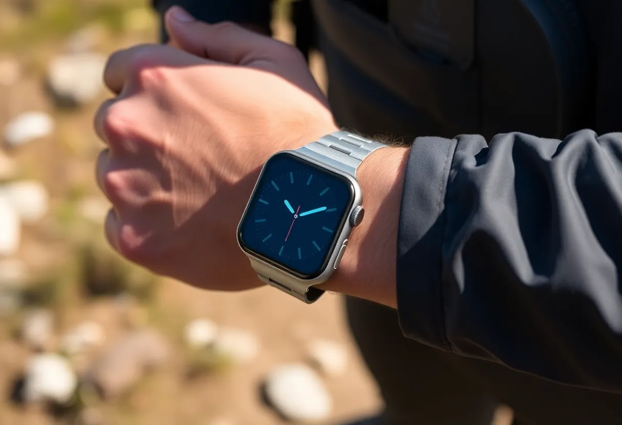 Person on a mountain trail checking their Apple Watch Ultra for GPS navigation and fitness metrics during a hike