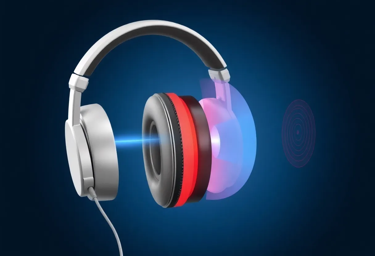 Detailed photograph of over-ear noise-canceling headphones on a wooden table, showing external microphone port and earcup design